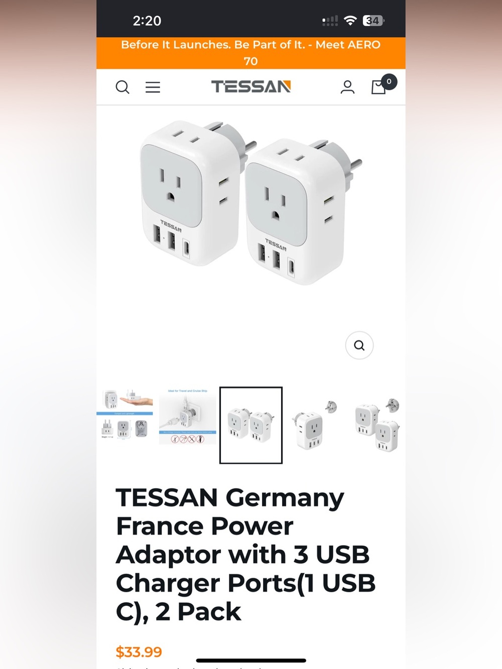 White Travel Power Adapter with 3 USB Charger Ports (2 Pack)